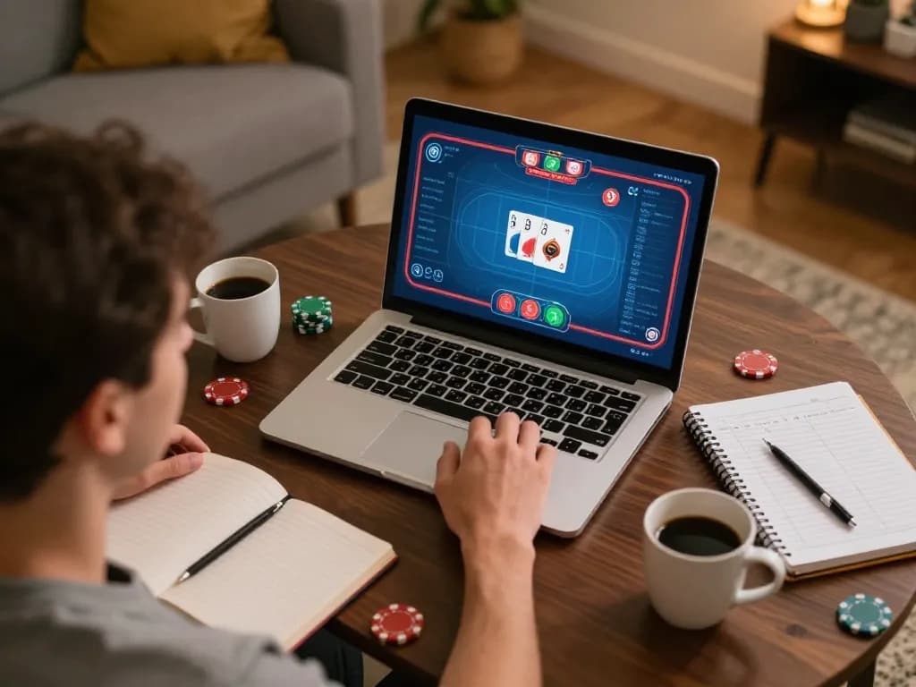 Player engaging in online poker on laptop at home, showcasing phdream6268 poker strategies in comfortable setting.