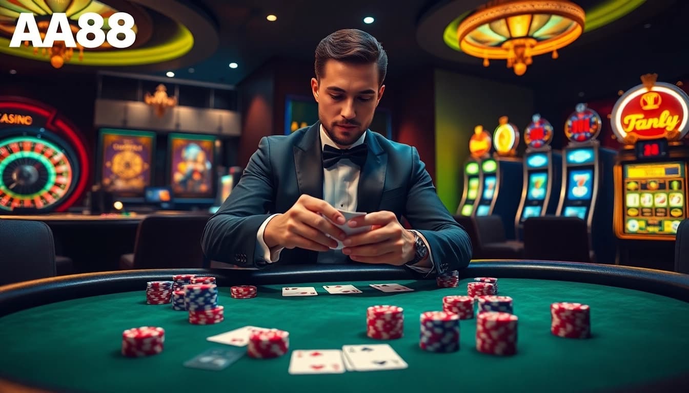 Engage in high-stakes poker with AA88 Đăng nhập, featuring vibrant chips and elegant playing cards in a luxurious casino environment.