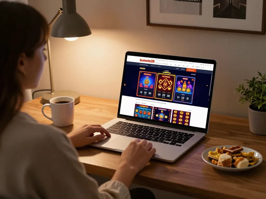 Engaging in online gaming at sunwin20, a player analyzes strategies using a laptop in a cozy home office.