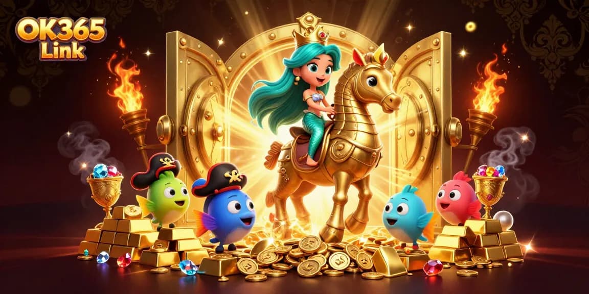 Win big with OK365 Link in a vibrant 3D casino scene full of treasure and excitement.