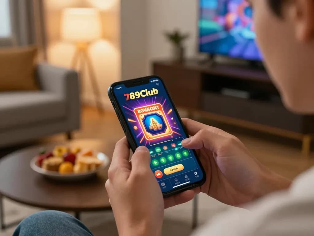 Player enjoying online casino games on 789Club app in cozy home environment.