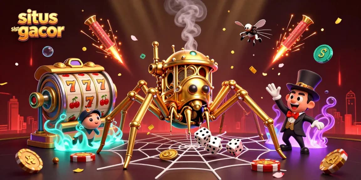 Engage with situs slot gacor while a steampunk spider weaves a captivating golden web full of slot reels and lucky symbols.