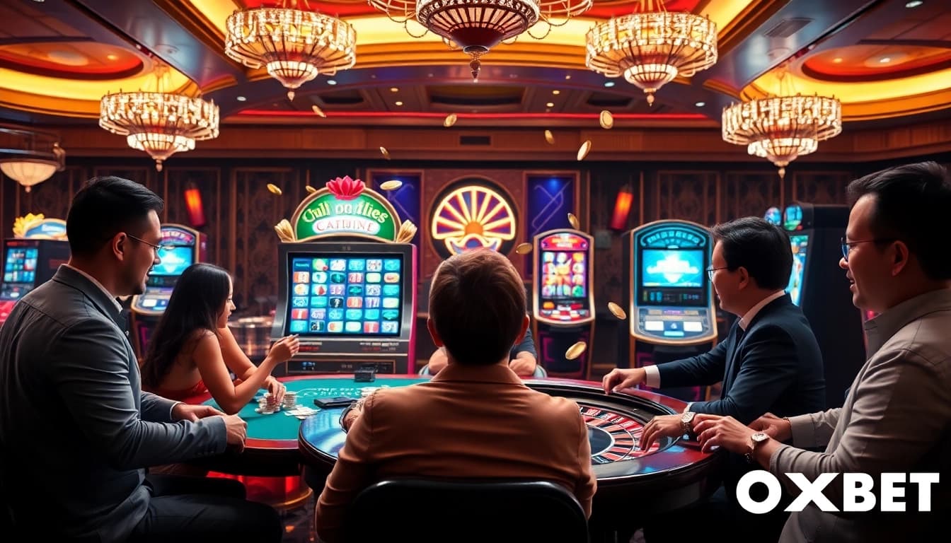 Engaging scene at Trang chủ OXBET with vibrant casino tables and excited players.