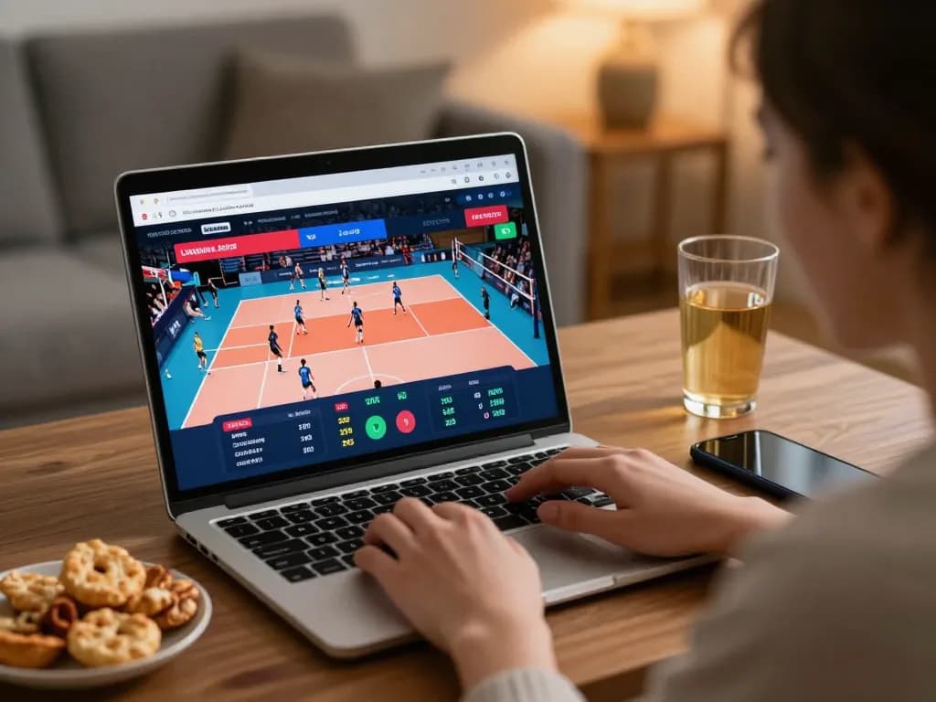 Betting on volleyball at home with go8 platform, showcasing real-time odds and engaging atmosphere