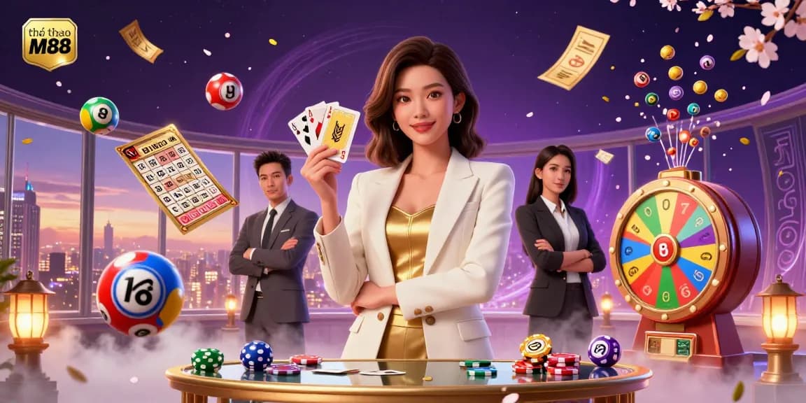 Experience the exciting world of thể thao M88 with dynamic lottery balls and a powerful Asian businesswoman in a captivating 3D scene.