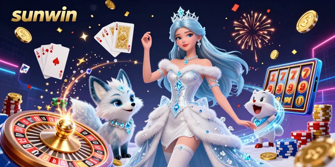Experience exciting gameplay at sunwin with vibrant golden coins, roulette wheels, and royal flush cards.