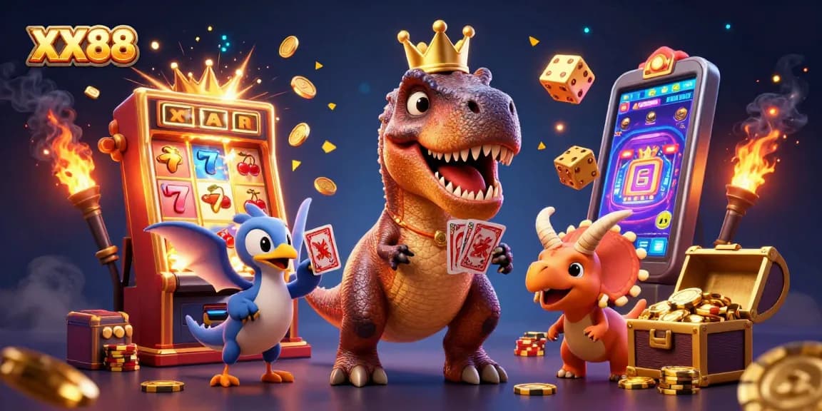 Experience thrilling gameplay at XX88 with vibrant characters, winning slot machines, and dazzling casino elements.