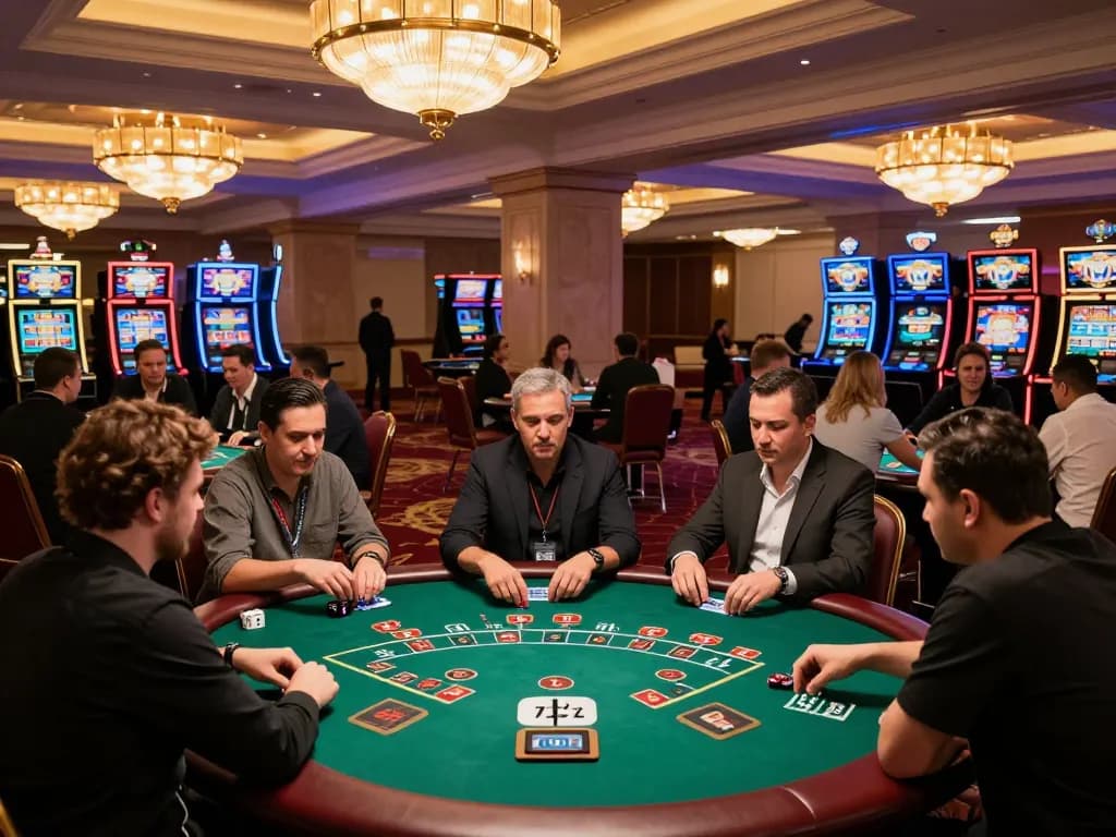 Players strategizing at blackjack tables in a lively casino atmosphere, inspired by keonhacaii88's engaging strategies