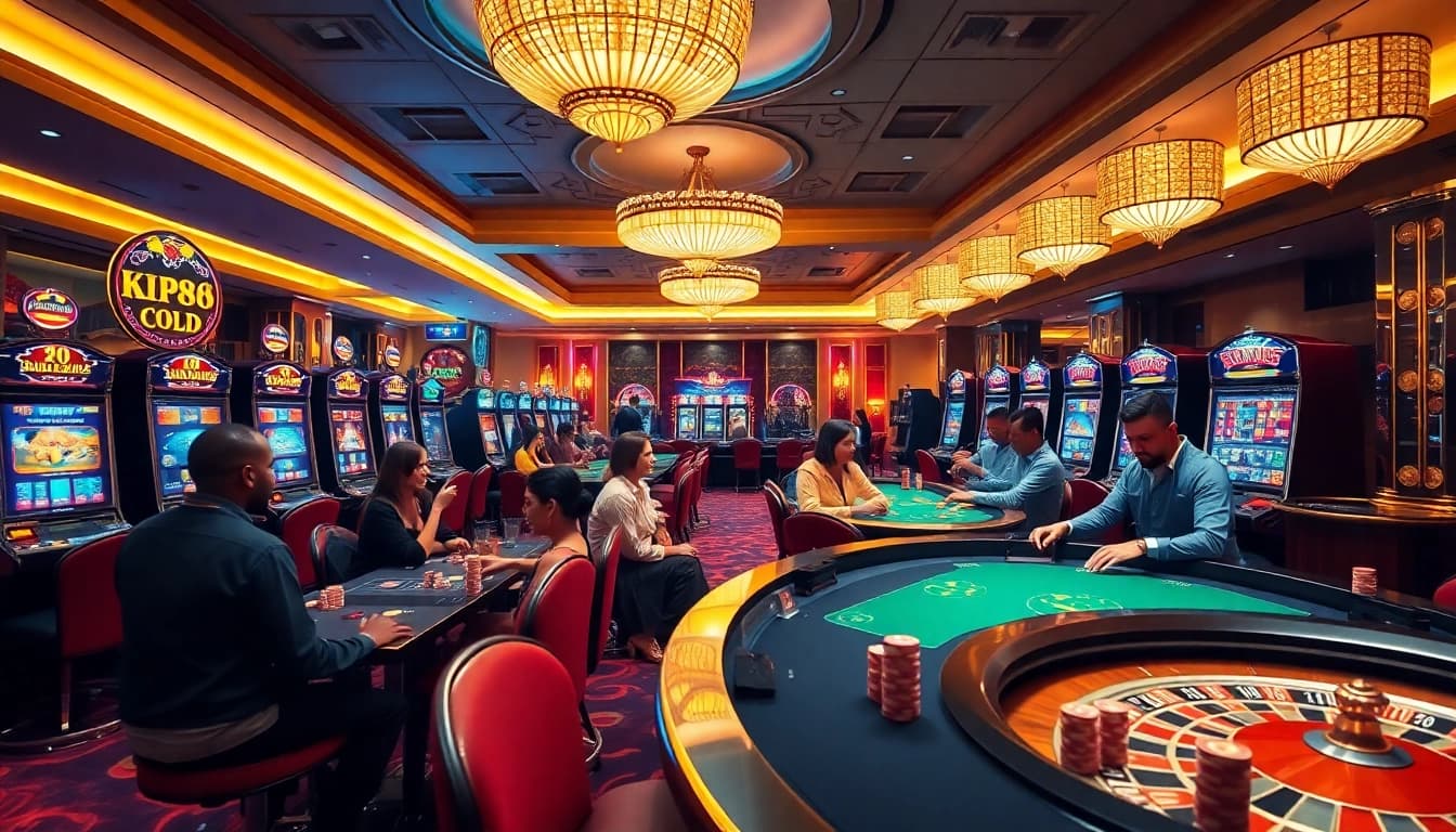 Experience the excitement of KP88 with players enjoying casino games and vibrant surroundings.