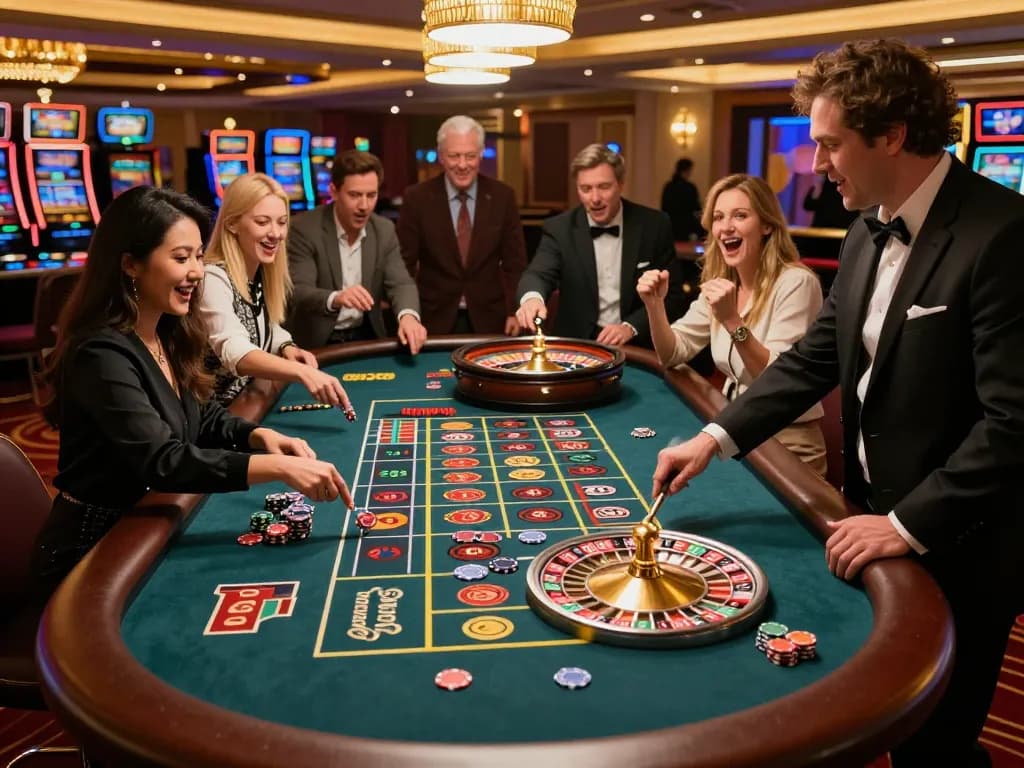 Players at the roulette table celebrate their wins during a thrilling game of 777X in a lively casino.