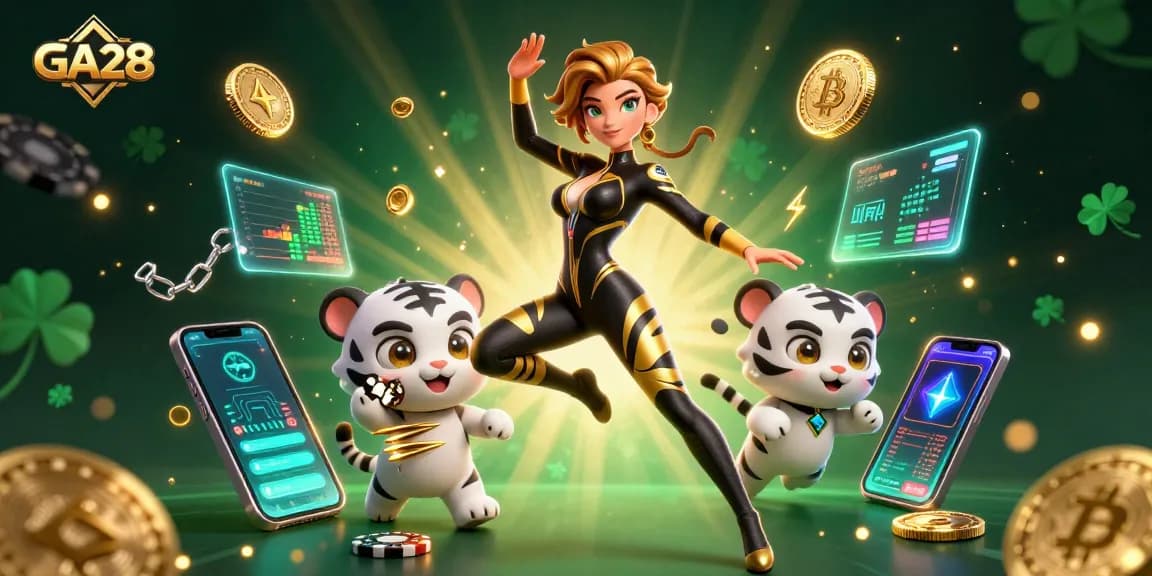 Experience the thrills of GA28 casino games surrounded by vibrant crypto elements and golden effects.