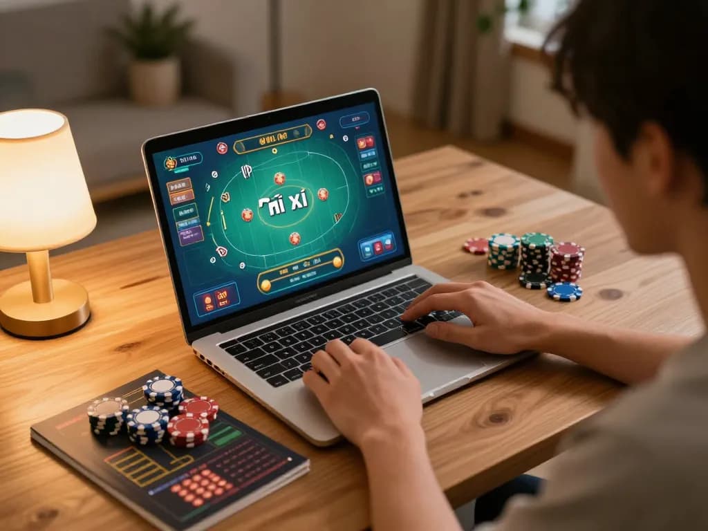 Engaging in tài xỉu online game on a laptop with strategic betting notes in a cozy home setting.
