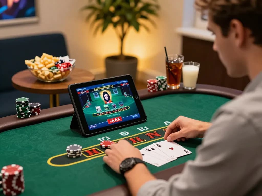 Player engaged in a blackjack game on 98win1 tablet, showcasing a strategic online gambling atmosphere.