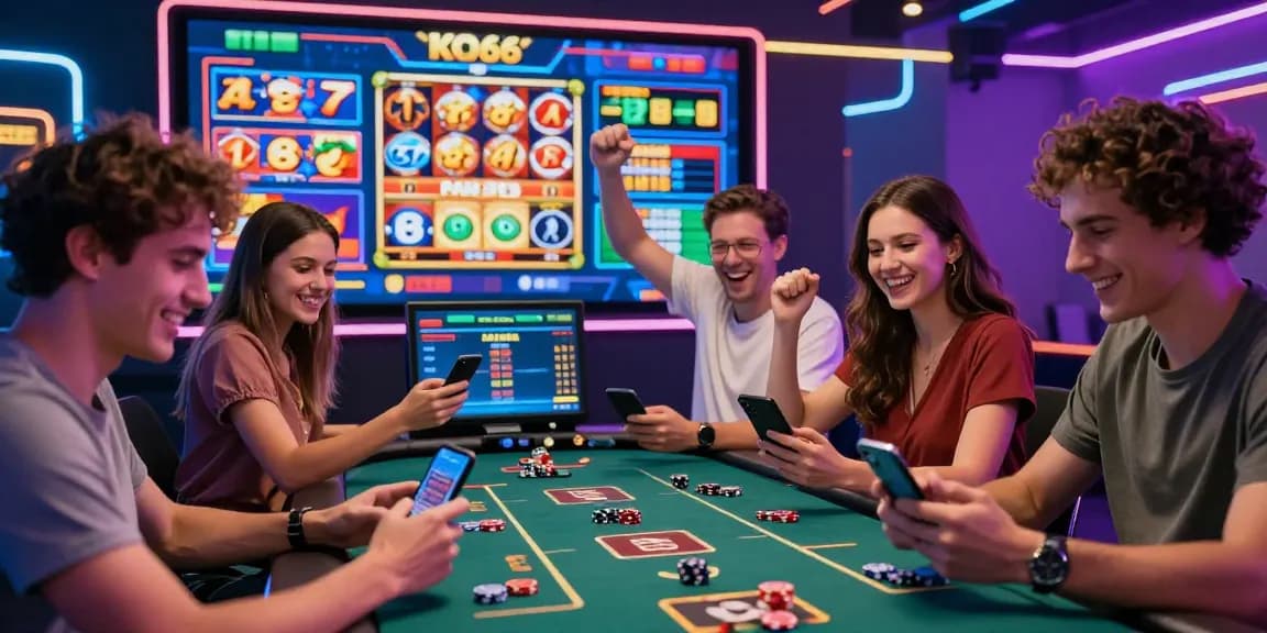Exciting KO66 gaming scene with diverse players enjoying live casino games on mobile devices.