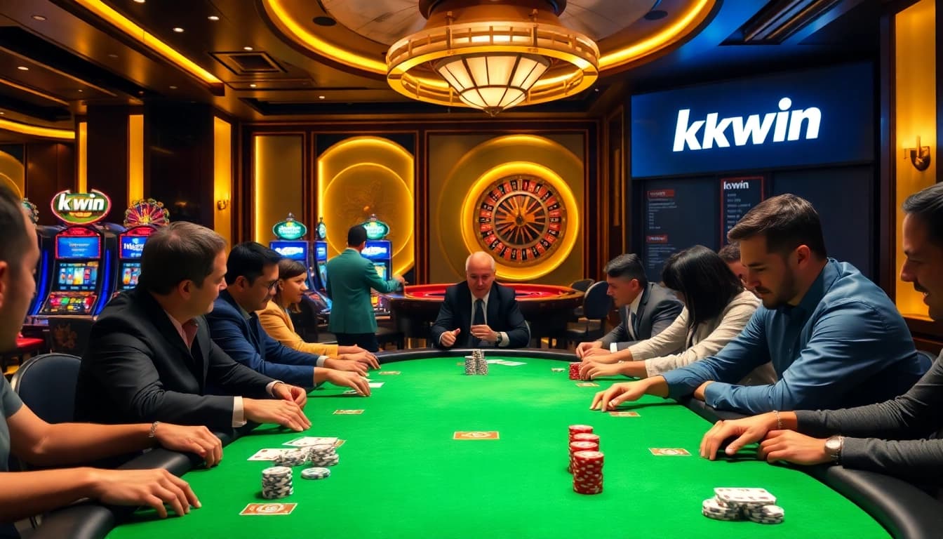 kkwin players enjoying a high-stakes poker game in a luxurious casino setting.