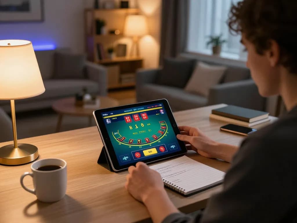 Player strategizing betting techniques on fed blackjack app in modern home setup