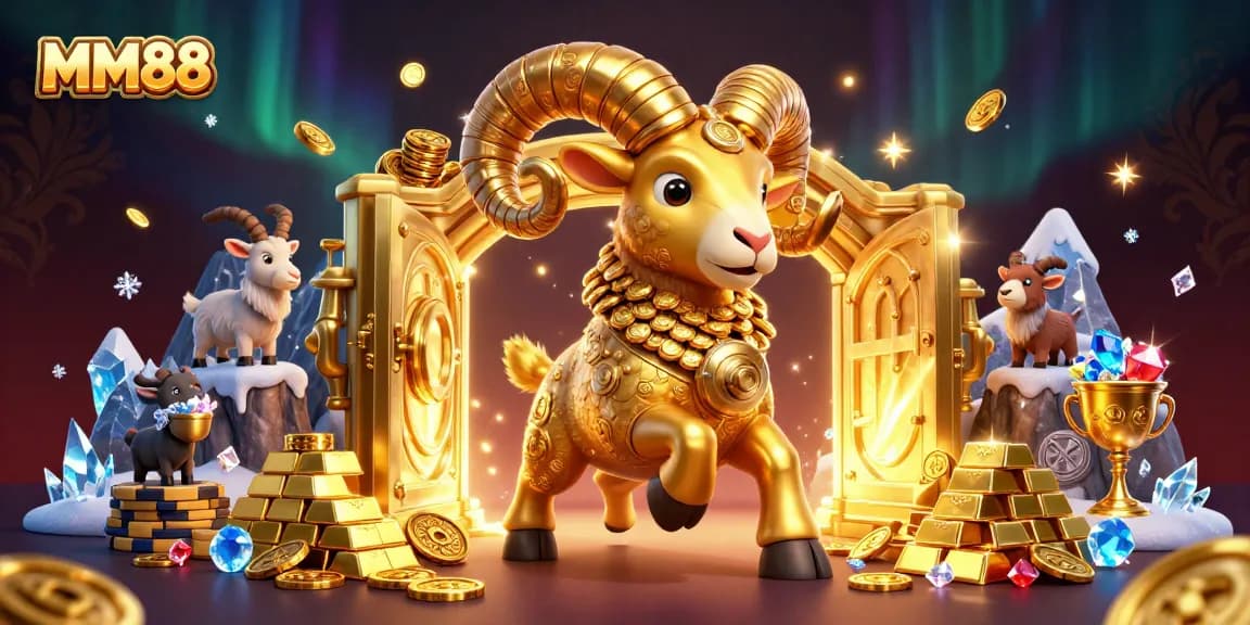 Experience the thrill of MM88 as the golden ram charges through a vibrant casino landscape filled with treasures.