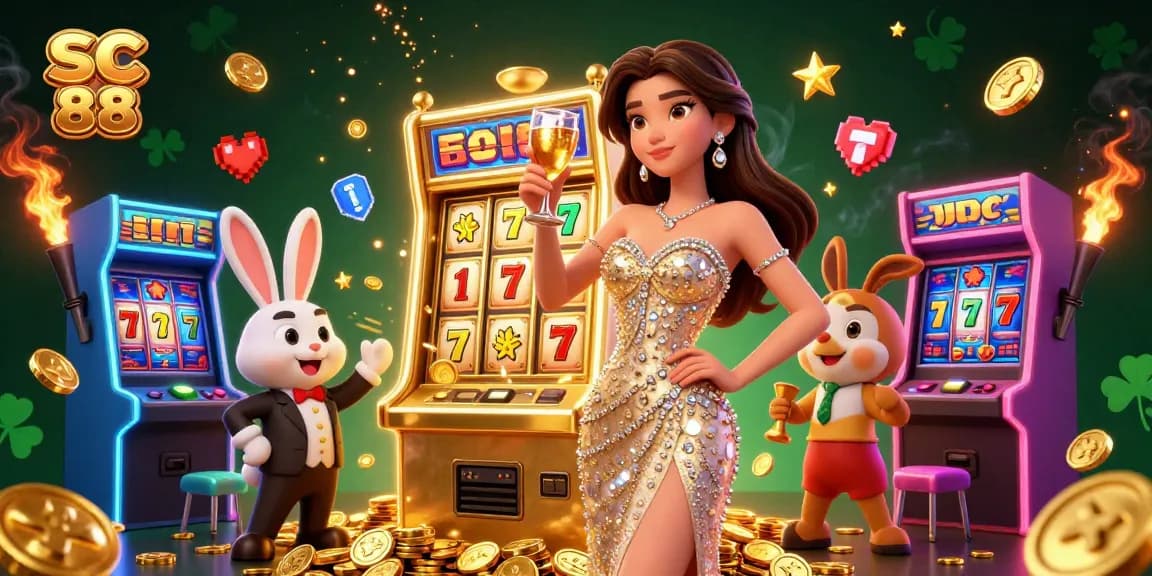 SC 88's glamorous casino illustration showcasing a woman toasting beside a jackpot slot machine, vibrant gaming elements abound.
