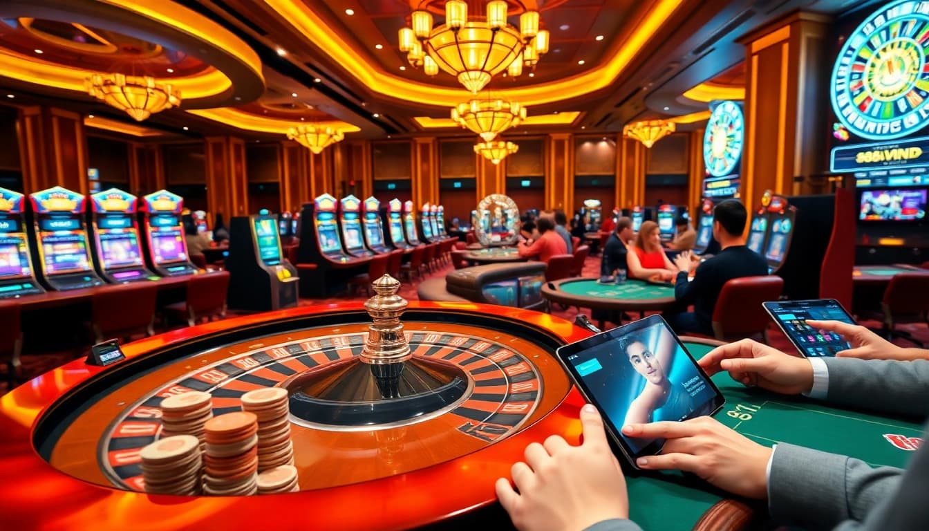 Experience thrilling casino action with 888vnd poker chips and roulette while players celebrate their wins.