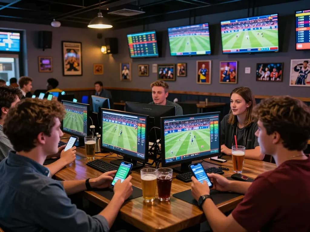 Engaged bettors using the App Vk88 on smartphones to place sports bets in a lively bar.