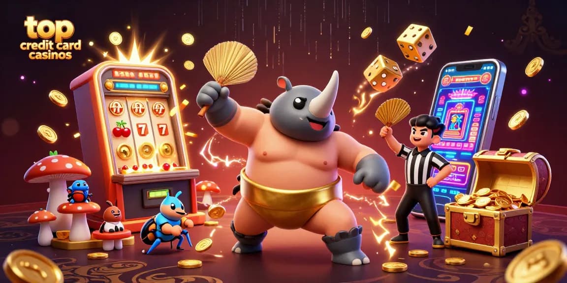 Experience top credit card casinos with a vibrant casino scene featuring a beetle champion and jackpot excitement.