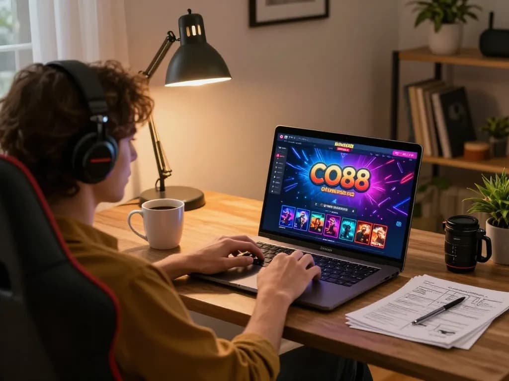 Engaged user plays casino games at CO88 online casino, showcasing a laptop setup and cozy atmosphere.