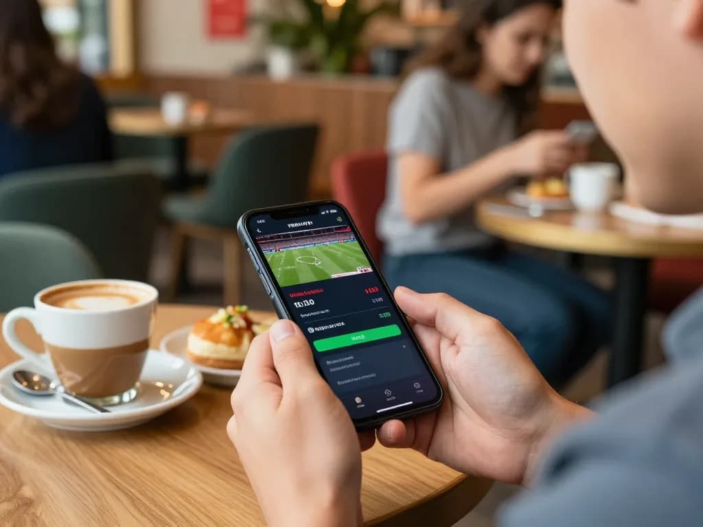 Go8 sports betting action on smartphone in a vibrant café setting