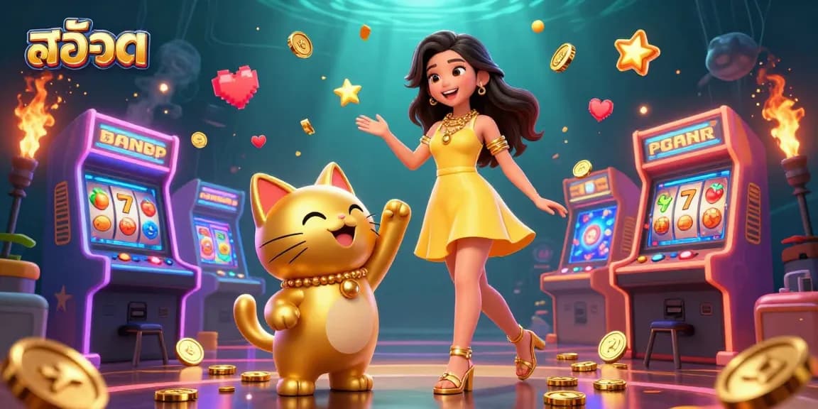 Engaging scene of สล็อต with cheerful Asian woman and lucky cat, surrounded by slot machines and coins.
