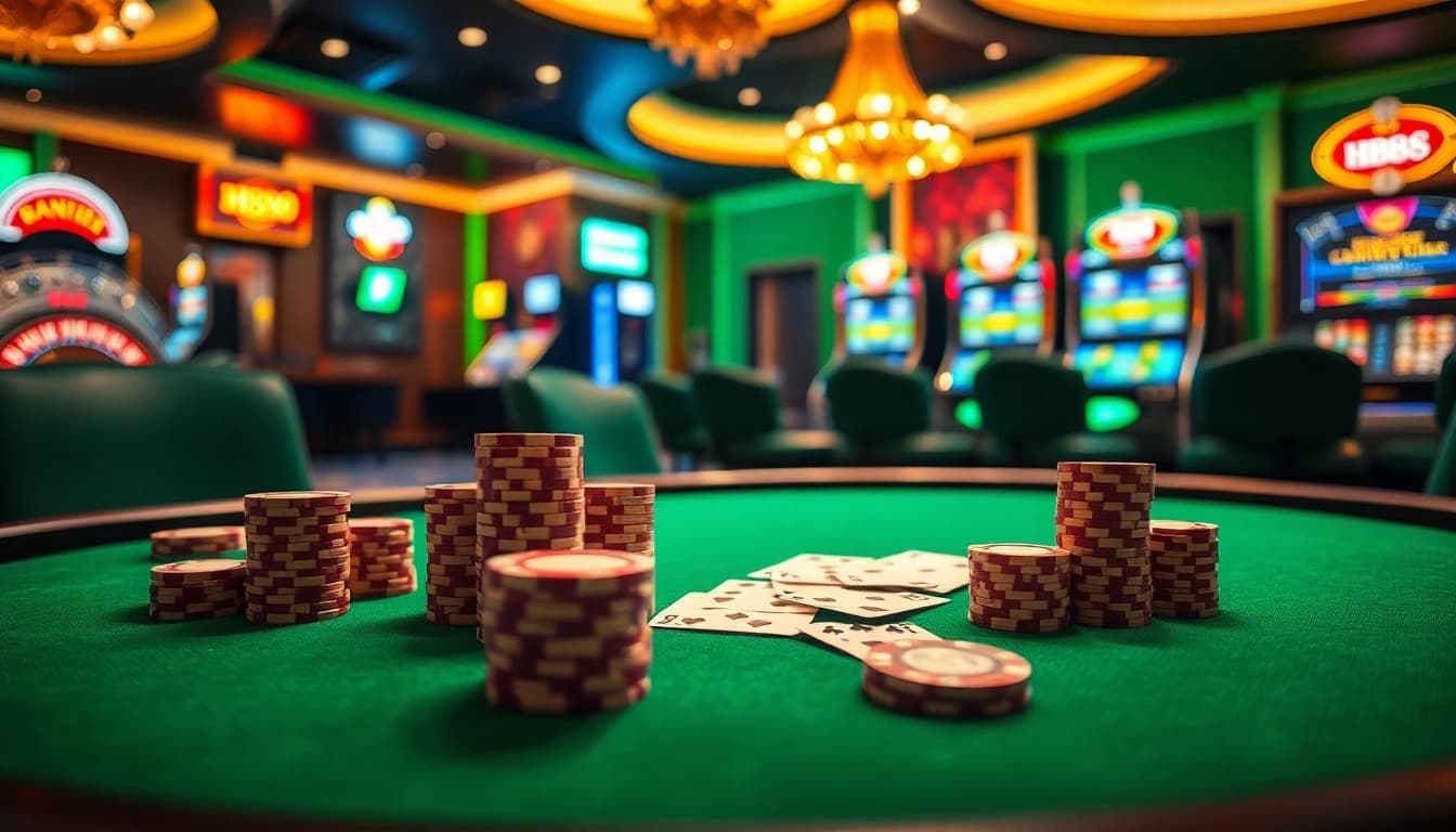 HB88 casino scene featuring a poker table with chips and elegant slot machines, showcasing excitement and luxury.