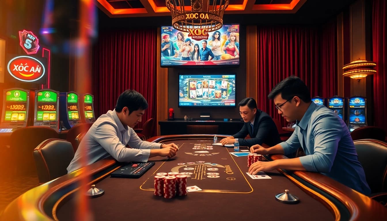 Experience the excitement of xóc đĩa đổi thưởng uy tín with players engaged in a thrilling game at a vibrant casino table.