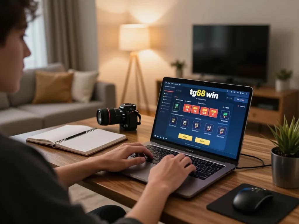 In a cozy setup, a player engages with tg88 win online casino platform on their laptop, reflecting a strategic gaming moment