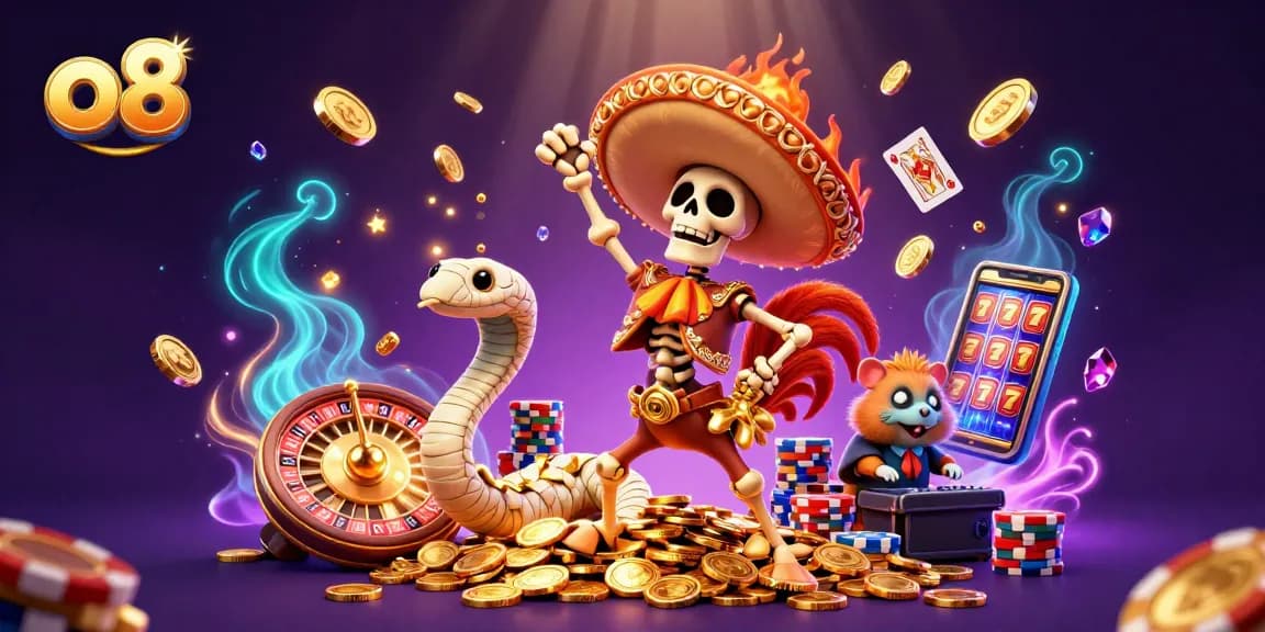 Experience thrilling wins at o8 with festive characters amidst cascading golden coins.