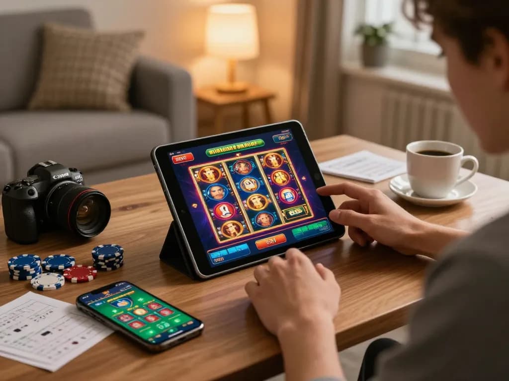 SX88 mobile gaming at home with tablets and poker chips, showing an engaging online casino experience.