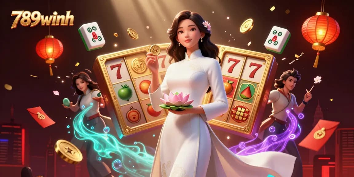 Experience the excitement of 789winh with vibrant slot games amid a stunning 3D casino scene.