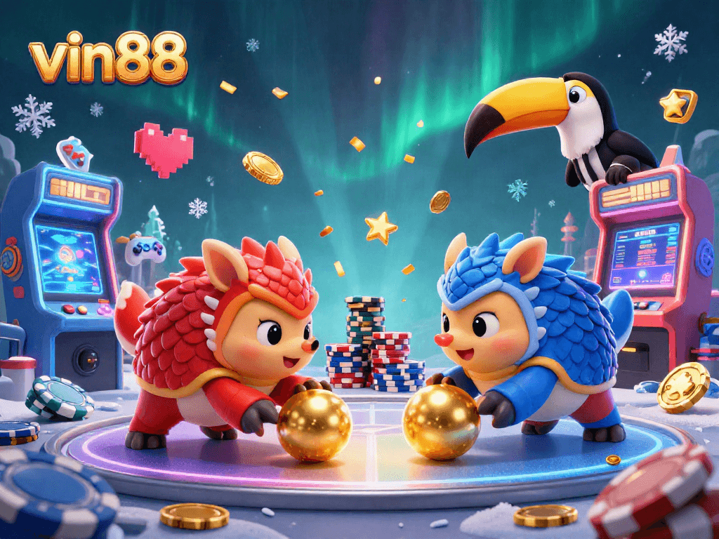 vin88 showcases rival pangolins competing in a vibrant casino game, complete with poker chips and neon arcade elements.