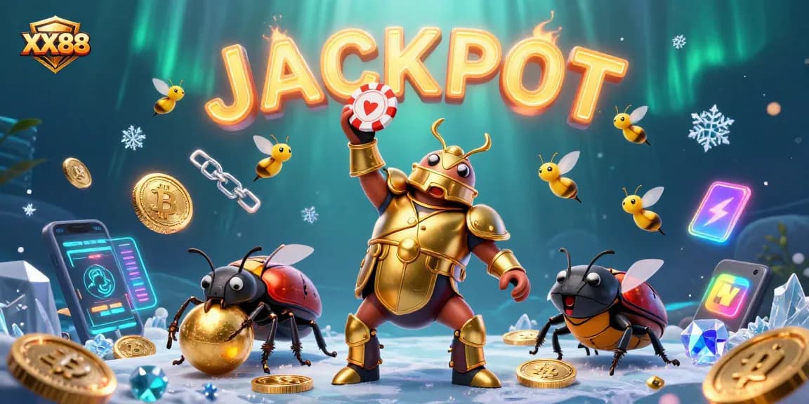 Experience the thrill of XX88 with a victorious beetle lifting a poker chip amidst a vibrant casino scene.