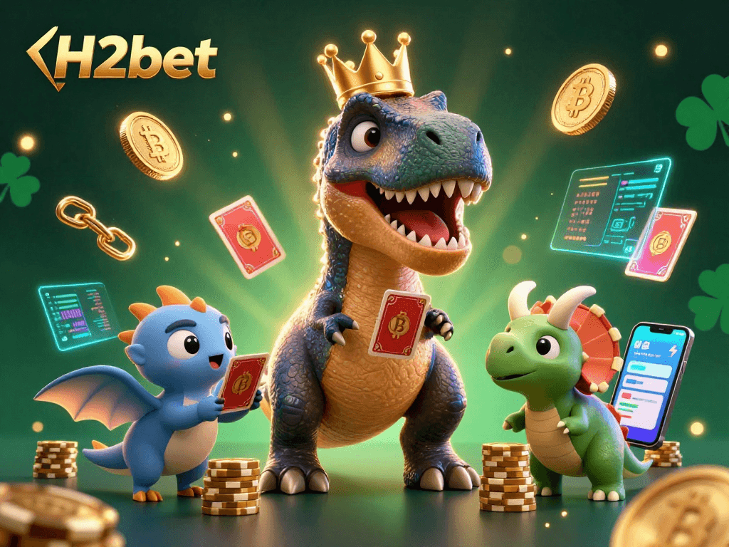 Join H2bet's fun card game with a T-Rex and dinosaur friends amidst crypto excitement!