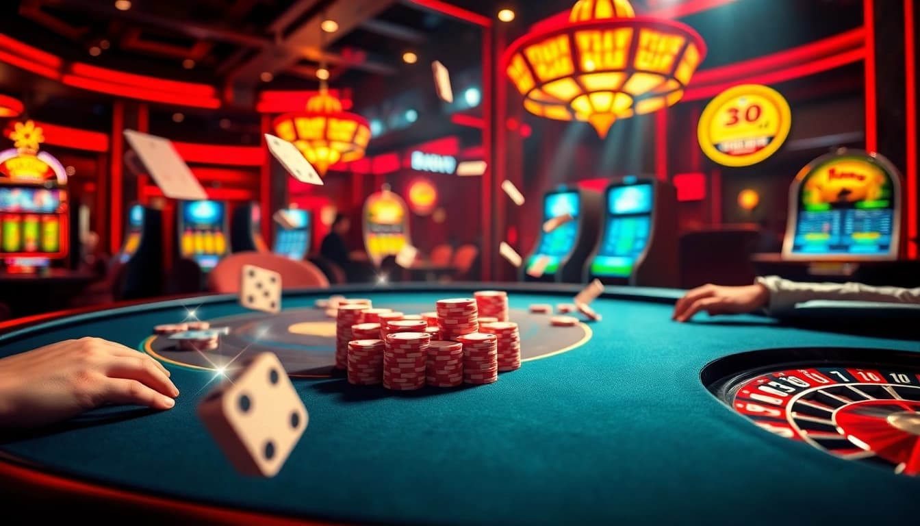 Experience the thrill of MB66 with an exciting casino scene featuring poker and roulette.