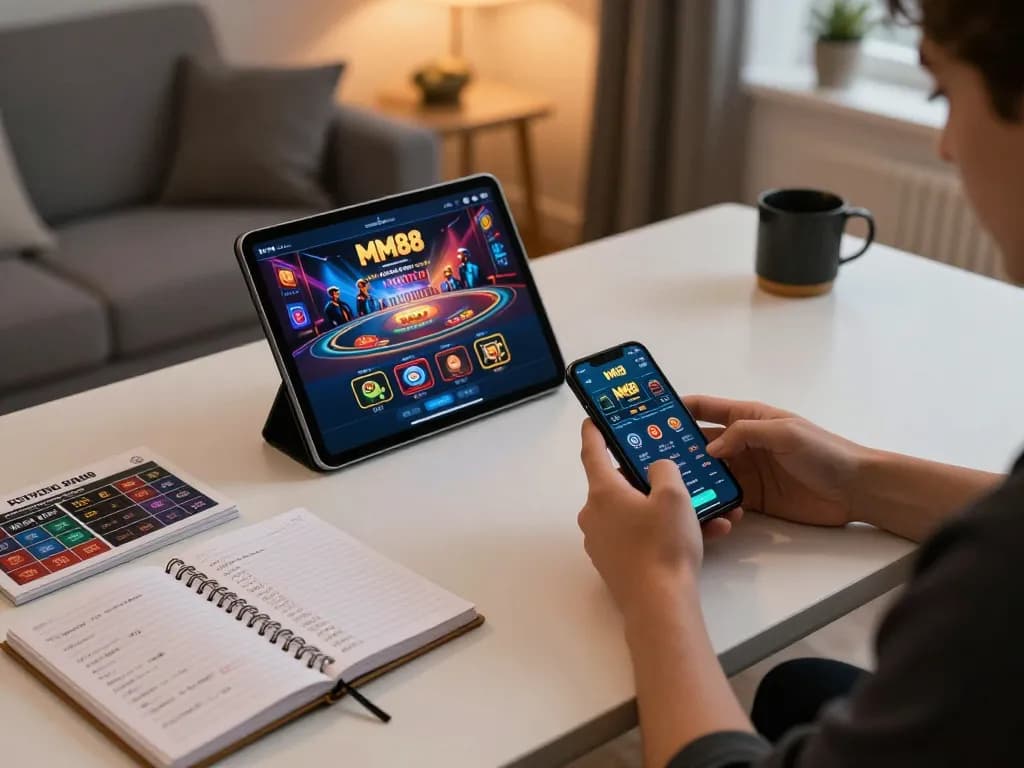 MM88 players using mobile app in cozy home setup for strategic online gambling