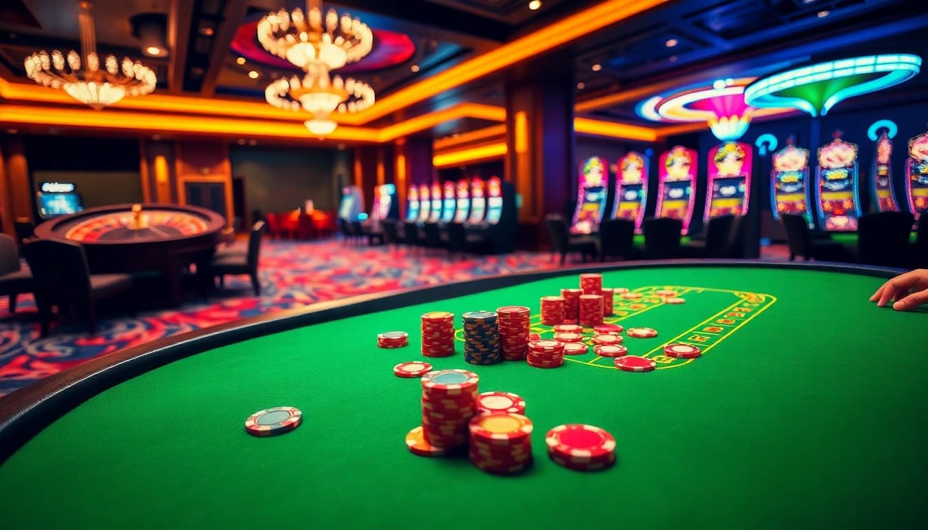 A poker table scene from 88aa casino, showcasing vibrant chips and a spinning roulette wheel