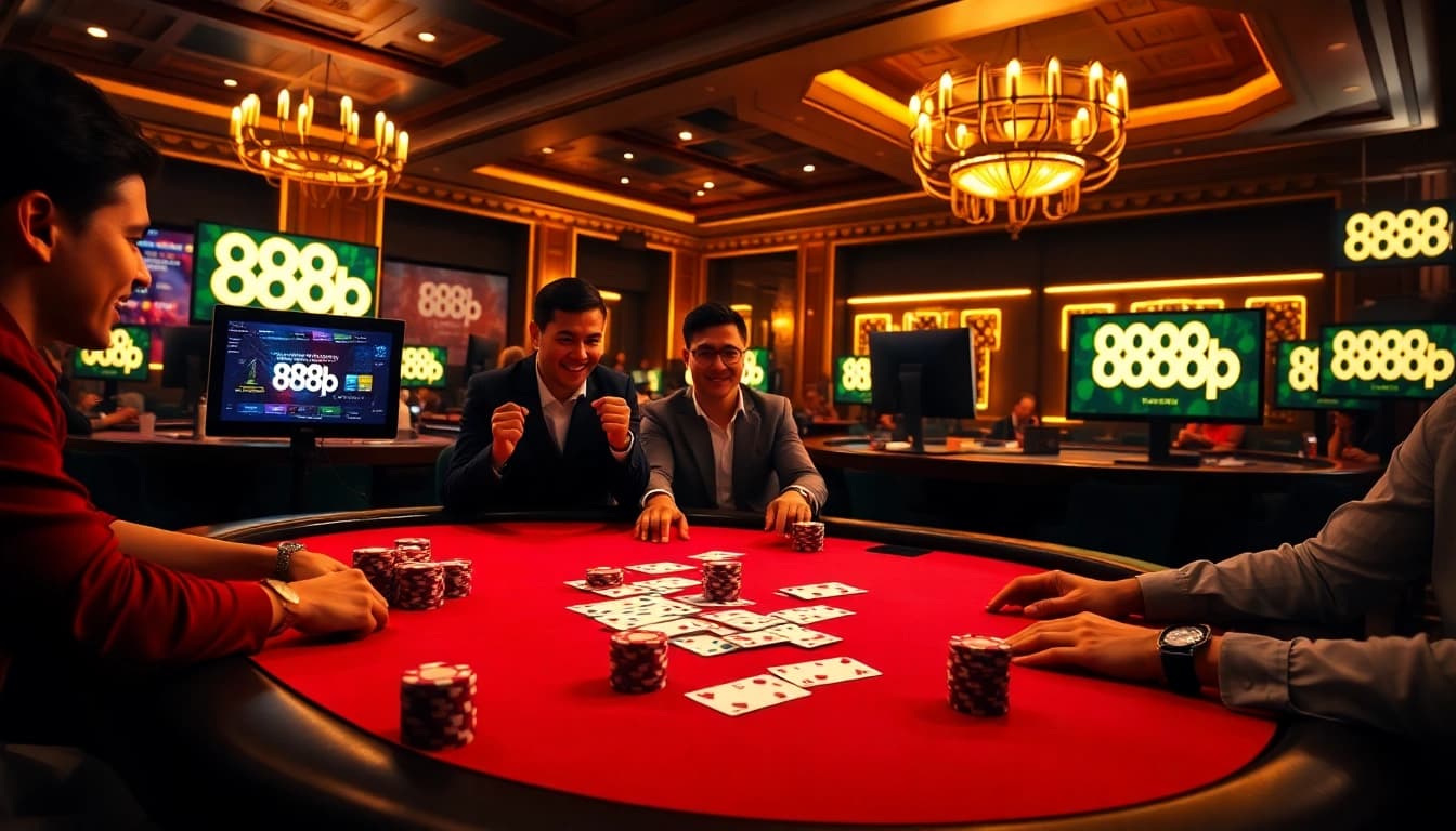 Players enjoying a thrilling game at 888b casino with vibrant poker tables and online interfaces.