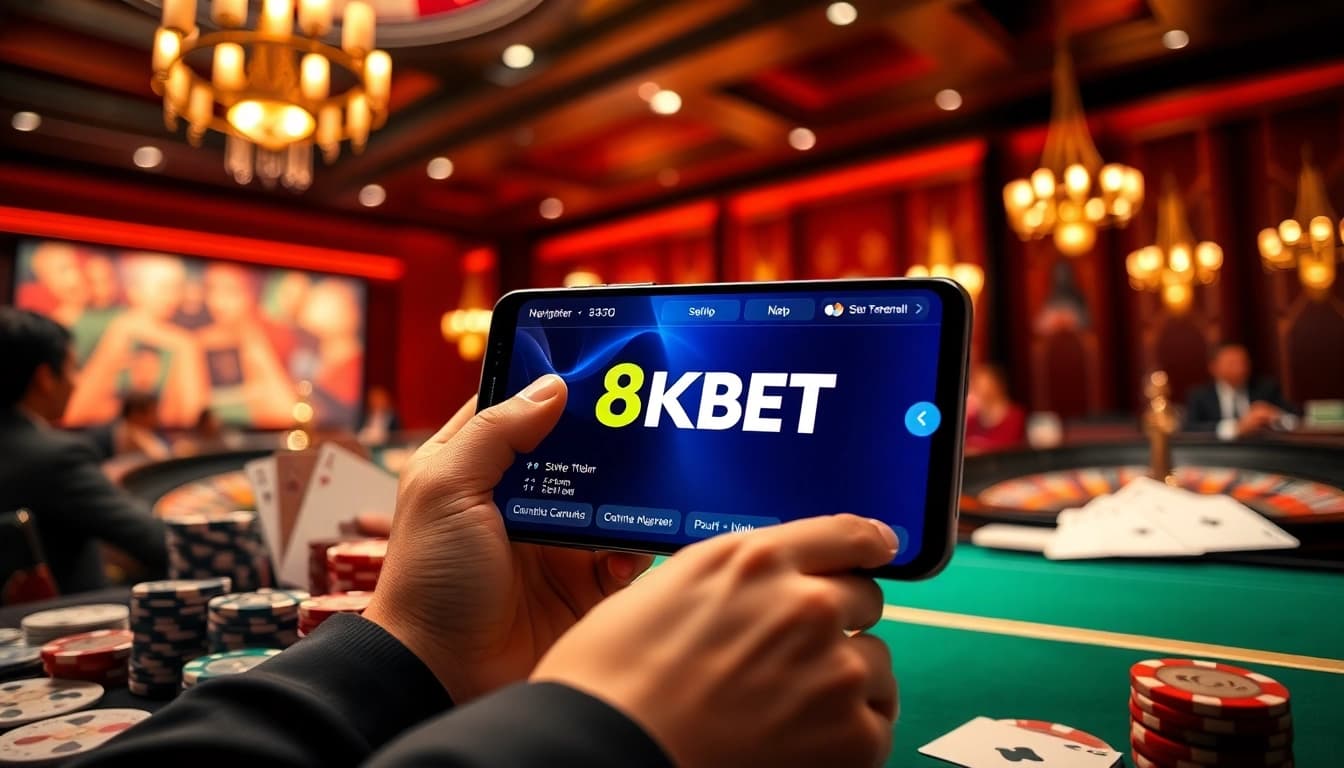 Experience Rút tiền 8KBET with a seamless online casino interface, enriched by poker chips and cards.