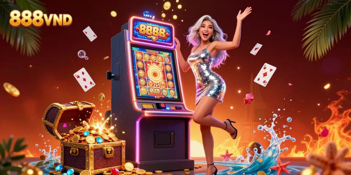 Spinning the reels at 888VND, a gorgeous Asian woman celebrates winning on a jackpot slot machine in vibrant casino colors.