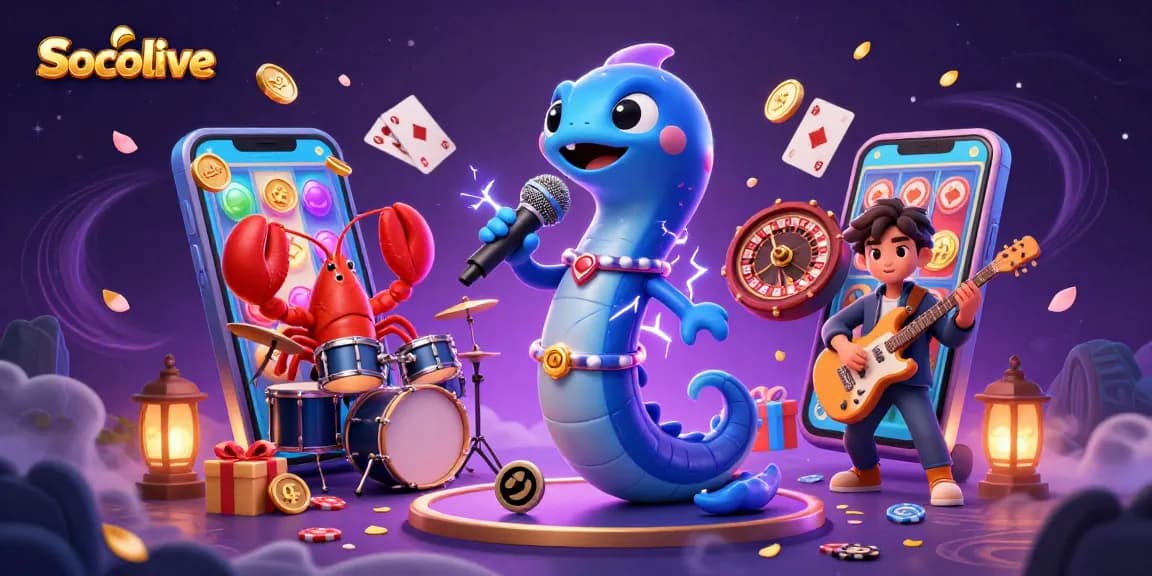 Socolive showcases a vibrant, underwater casino scene with a DJ electric eel, mesmerizing guests as they spin colorful slot games.