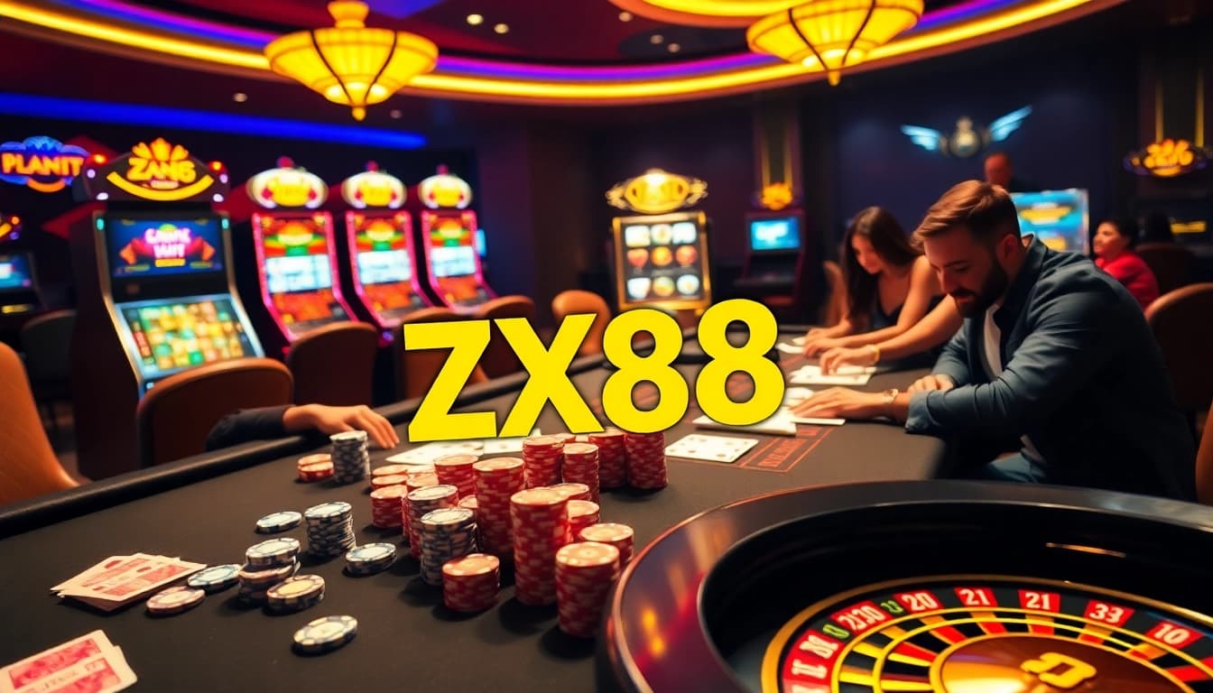 Players enjoying an exciting ZX88 casino experience with poker chips and vibrant slot machines.