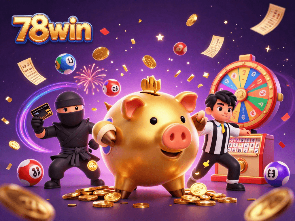 78win showcases a vibrant 3D piggy bank wrestler surrounded by lottery chaos, sealing your winning fate.