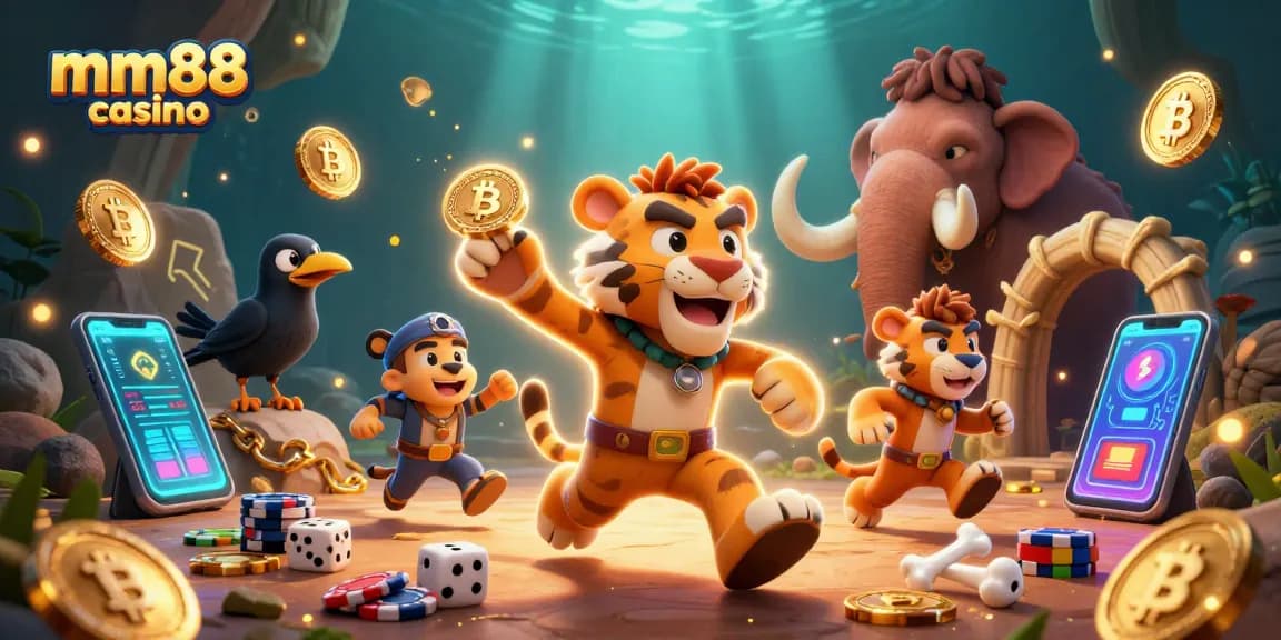 Experience thrilling gameplay at mm88 casino with cartoon characters in an energetic dinosaur-themed scene.