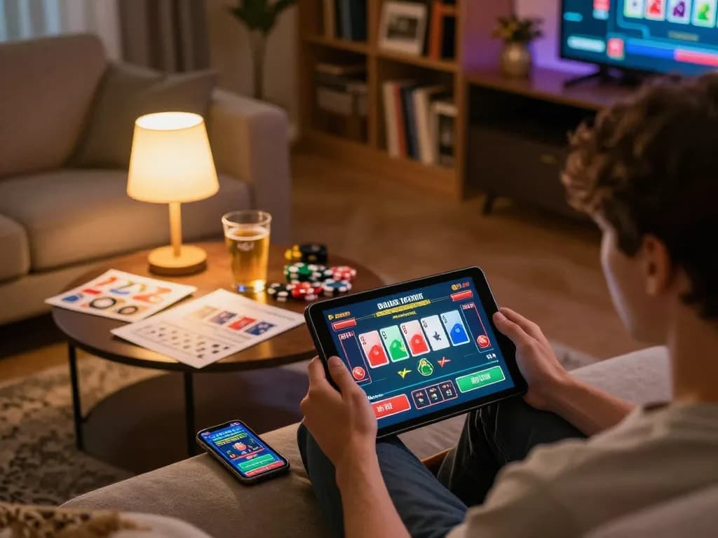 Person enjoying a live dw8 online poker game on a tablet, showcasing strategy and excitement.