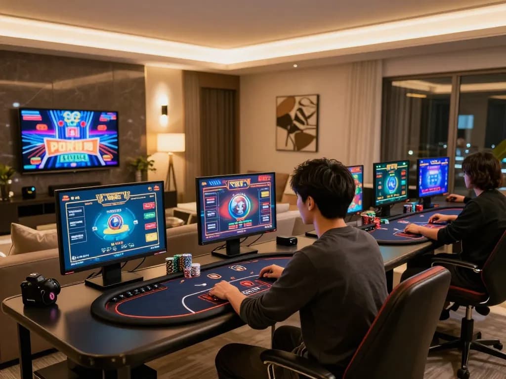 Engaging online gambling experience at https://123bz.uk.net/ with multiple screens showing poker and slots.