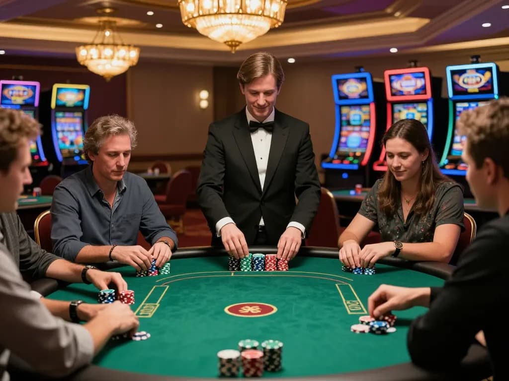 Dola789 players strategizing during an engaging poker game in a luxurious casino atmosphere.